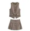25 Verano Nuevo Conjunto de Moda para Mujer Estilo Europeo y Americano Chica Atrevida Cuello Redondo Botón Cuadros Chaleco Ajustado Falda de Cintura Alta Pantalón