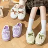 Pantuflas de felpa con lazo para mujer, pantuflas de interior para otoño e invierno, con suela gruesa, forro polar, cálidas y lindas