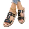 Sandalias metálicas geométricas de hebilla transfronteriza, sandalias planas de mujer con patrón tejido y suela gruesa, chanclas casuales de verano para exteriores de talla grande