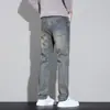 Calça jeans bordada para homens 2026 novo estilo lavada stretch casual outono versátil solta reta longa para homens