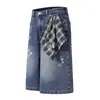Bufanda de Cuadros Desmontable Pantalones Vaqueros Cortos Hombres Hip-Hop Modernos Divertidos Pegatina Lavados Holgados Rectos Pantalones Cortos