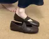 Sapatos Femininos de Moda em Couro Genuíno Coreano 2026 Outono Estilo Retrô Bico Quadrado Fundo Plano Sapatilha Tira Cruzada Sapatos Mary Jane