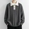 Suéter Polo de Color Contrastante para Hombre Otoño Invierno Cuello de Solapa Tejido de Punto Retro Holgado Top Básico Casual de Punto para Hombre