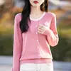 Cardigan de Punto de Lana Peinada con Cuello Redondo, Dividido en Colores, Bordado de Rosa, Holgado, Abrigo Superior, Nuevo Artículo de Primavera 2025