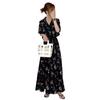 En Stock Vestido de Verano 2026 Negro Floral Cuello en V Manga Corta Cintura Elástica Adelgazante Acampanado para Principios de Verano, Exquisito