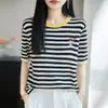 26 Nuevo de Primavera/Verano Lyocell Cuello Redondo Tejido Manga Corta Bloque de Color Rayado Estilo Coreano Bordado Dibujos Animados Moderna Camiseta para Mujer