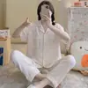 Pijama Feminino Verão Tecido Bolha Algodão Amassado Estilo Princesa Ins Fofo Manga Curta Calça Roupas de Casa Finas conjunto