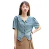 Foto Real de Artículos en Stock: Chaqueta de Mezclilla de Manga Corta con Diseño Retro Ajustada Estilo Coreano Nuevo para Mujer, Azul, Otros Colores Disponibles