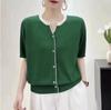 Camiseta de manga corta para mujer, camisa de punto de seda de hielo de verano, nueva camisa europea con cuello en V, color a juego, elegante, de moda, pequeña, top