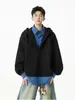 Camisa de Empalme Falsa de Dos Piezas Tendencia Color Borgoña Sudadera con Capucha y Cuello en V para Hombre Otoño Pulóver Casual Pesado
