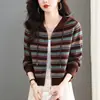 Sudadera con capucha de punto estilo coreano, chaqueta, cárdigan a rayas de punto para mujer, sensación de alta gama, suéter reductor de edad, top moderno, Primavera/Otoño 2026