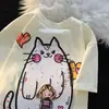 Camiseta de cuello redondo y manga corta con estampado de personaje de gato de dibujos animados de seda de leche para parejas, top casual suelto de verano