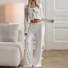 Conjunto de malha canelada para casa transfronteiriço da Amazon, top curto elástico com amarrações laterais, pijama de calça comprida, estilo europeu e americano