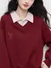 Camisa Falsa de Duas Peças Lucky Fortune com Gola Reversível e Patchwork de Moletom Vermelho para Mulheres, Nova Coleção Primavera 2026