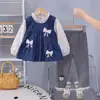 Conjunto de Moda de Manga Larga para Niñas Primavera Nueva 2026 Nuevo Estilo Chaleco de Mezclilla de Manga Larga con Tres Lazos Conjunto de Tres Piezas