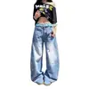 Calça jeans de brim lavada estilo americano com bordado de estrela, apresentando barra curva, para mulheres, nova coleção primavera/outono 2026, corte solto, perna reta, perna larga, calça de comprimento até o chão