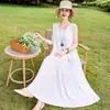 Vestido de seda de algodão para mulheres, elegante e estiloso para mães, estilo francês de verão, vestido regata sem mangas jovem para a beira-mar e praia