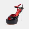 Sandalias de plataforma de tacón alto ultra finas sexy para mujer, de moda, con tira de cuero brillante, punta redonda y abierta, transfronterizas de Oriente Medio, 14 cm