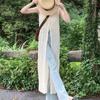 Atuendo de Moda Vestido Blusa Hueca Vestido Largo Top sin Mangas con Abertura Suéter Largo de Verano para Mujer