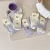 Meias femininas estilo japonês, cor roxo taro suave, para outono e inverno, bordadas com ursos e padrões florais, com bordas franzidas, meias de algodão na altura da panturrilha, meias longas doces para estudantes