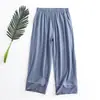 Uma geração de verão novo calça cropped feminina de algodão porcelana de gelo com costura contrastante, modelagem solta, confortável, cintura elástica, roupa de casa