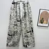 Calça de Pijama de Seda de Algodão para Mulheres, Estilo Fino para Primavera e Verão, Tamanho Grande, Caimento Solto, Calça de Perna Larga de Algodão Artificial, Pode Ser Usada Fora de Casa, Versátil, Cintura Alta, Leve