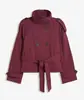 Ropa de Mujer Nueva de Otoño e Invierno Transfronteriza Europea y Americana Amazon Elegante para el Trabajo Cuello Alto Doble Botonadura Cintura con Cordón Chaqueta Cortavientos