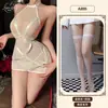 Lencería sexy con temática naranja, uniforme transparente de malla con retazos y tirantes para chica sexy, pijama seductor que no se quita A895