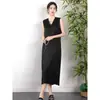 Vestido Sencillo de Cuello en V con Textura Plisada de Ácido Acético Vintage con Abertura Lateral Elegante Suelto de Satén Sin Mangas Falda para Verano