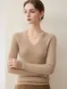 26 Inverno Novo Cashmere Malha 12 Gauge Gola V Manga Longa Feminino Cor Sólida Canelado Slim Fit Suéter Camada Base