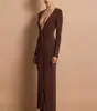 Vestido de noche transfronterizo de manga larga con cuello redondo, escote en V pronunciado, lazada retorcida opcional, espalda descubierta, caída alta, corte ajustado