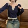 2025 Nuevo Otoño Estilo Coreano Nicho Falso Dos Piezas Cuello en V Camiseta Base Ajustada Interior y Exterior Tops de Manga Larga para Mujer