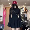 Elegante Vestido Negro Plisado Estilo Princesa para Mujer, Nueva Colección Primavera y Otoño, Vestido Corto con Cintura Ceñida Adelgazante y Mangas Abullonadas