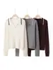 Suéter delgado de cachemira para mujer para otoño e invierno, tejido de ochos con cuello de gaviota, corte ajustado, bloques de color, top pullover versátil