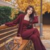 Elegante um conjunto completo de roupa solta estilo preguiçoso de alta qualidade vinho tinto suspensórios cardigã calças de perna larga conjunto de três peças outono