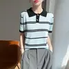 Estilo nuevo de primavera y verano, seda helada, cuello camisero, botones de cuerno, tejido, elegante, bloques de color, a rayas, corte holgado, top con mangas de tres cuartos para mujer