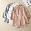 Camisa de Ramio de Manga Tres Cuartos de Punto Real Japonés y Coreano con Pliegues Franceses Literaria Retro Suelta de Algodón y Lino