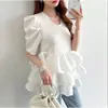 Top de punto patchwork estilo japonés con volantes de satén, manga corta abullonada, cuello redondo, nuevo para verano 2026, transfronterizo