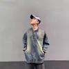 Jaqueta Jeans Azul Lavada Estilo Americano Vintage Nostálgico para Homens, Marca Tendência Primavera e Outono, Corte Amplo, Resistente, Jaqueta Cool e Estilosa com Zíper