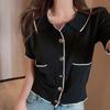 Cardigan Tricotado de Verão 2024 Novo Design de Nicho com Gola Polo de Manga Curta para Mulheres Top Curto de Botão Único de Cintura Alta