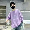 Camiseta casual de manga longa estilo coreano para meninos, 100% algodão, coleção primavera/outono 2026, gola redonda, corte solto, moderna