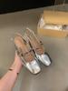 Sandálias francesas com bico vermelho, sapatos femininos novos de verão 2025, bico quadrado, salto alto, sapatos Mary Jane prateados