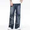 Calças Jeans Estrela Americanas Retrô de Perna Larga para Homens, Verão High Street Design de Nicho, Calças Retas Soltas Comprimento Até o Chão