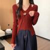 Camiseta de punto elegante de cuello halter con un botón, estilo dos piezas falsas, para otoño e invierno, para mujer, con diseño, top suéter rojo para mujer
