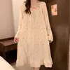 Nuevo Otoño Talla Extra Algodón Nube Bata de Noche para Mujer Cuello Cuadrado Encaje Manga Larga Falda de Longitud Media Estilo Dulce Ropa de Casa