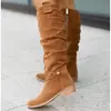 Botas altas de gamuza con punta fina y tacón bajo para comercio exterior, colección otoño 2026, plisadas, talla grande, estilo retro, con cremallera lateral y diseño fruncido para mujer