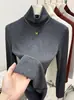 Camiseta Básica Ankora Roja con Fondo Cepillado para Mujer Invierno 2024 Cuello Alto Terciopelo Fino Interior Manga Larga Ajustada Elástica Camiseta Top
