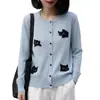 Otoño 2026 Nuevo Estilo Coreano Holgado Adelgazante Cuello Redondo Jacquard Gato Cardigan Tejido Abrigo Azul para Mujer