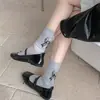 Nuevos Calcetines de Algodón Estilo Coreano Primavera y Verano Estilo Ab Bordado con Letra Lazo Calcetines de Media Pantorrilla para Mujer Calcetines de Mujer Ins