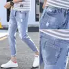 Jeans masculino rasgado verão 9 pontos slim fit perna fina estilo coreano moderno 8 pontos calça masculina marca moderna verão fino